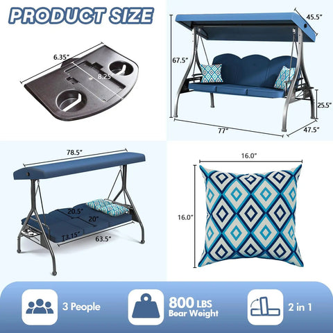 Three Seat Outdoor Porch Swing With Stand 800 Lb Capacity 2 In 1 Convertible Swing Bed With Adjustable Canopy And Removable Cushions