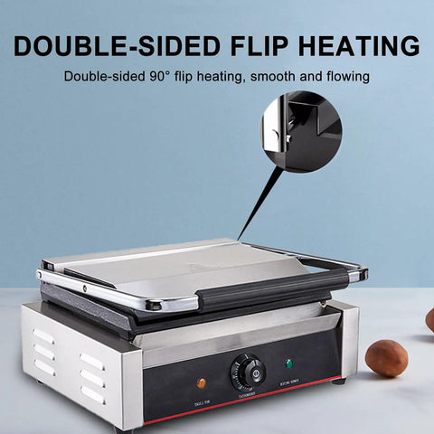 Top Rated Kuybtu Electric Grill 1800W 3600W Panini Maker stainless steel with double-sided flip heating feature.