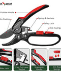 Diagram of Ratchet Pruning Shears For Gardeners, 3x Cutting Power, Sharp Garden Clippers with teflon coating and ergonomic handle