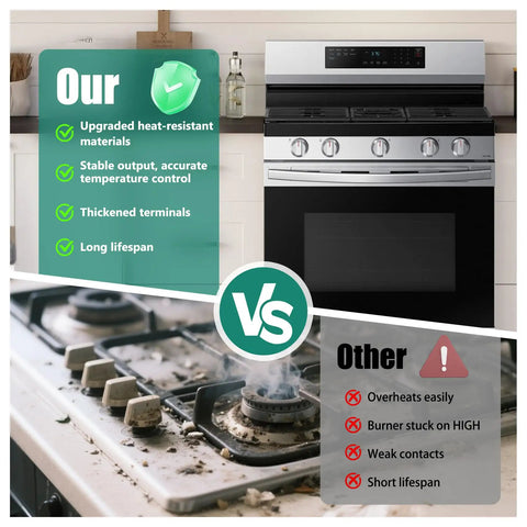 Comparison between upgraded range stove with Triple Burner Surface Element Control Switch and an overheated stove with issues.