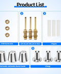 Three Handle Bathtub And Shower Remodel Kit For Verve Faucets with labeled components: seats, stems, nipples, handles, flanges.