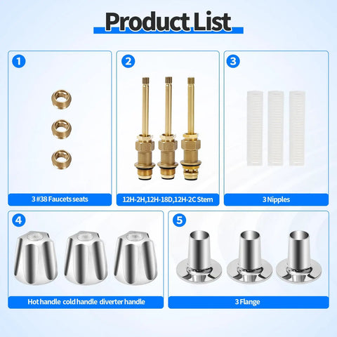 Three Handle Bathtub And Shower Remodel Kit For Verve Faucets with labeled components: seats, stems, nipples, handles, flanges.