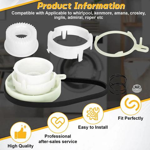 Components of Washer Pulley Clutch Kit With 21 Inch Drive Belt And Cam Replacement For Whirlpool Kenmore Amana Crosley