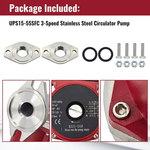 Heavy Duty Stainless Steel 3 Speed Hot Water Circulator Pump components displaying stainless flanges, seals, and bolts.