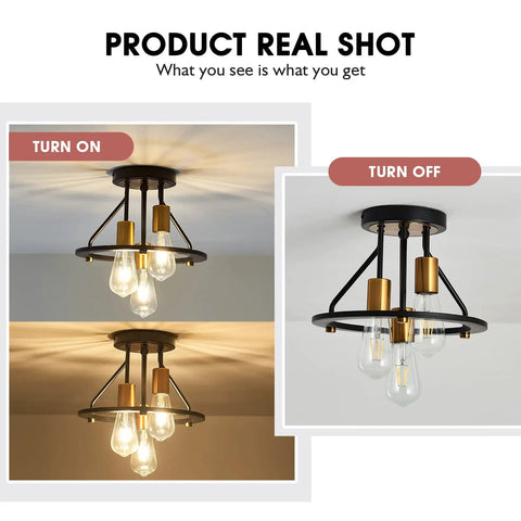 Industrial Semi Flush Mount Ceiling Light Fixture Three Light Dope Matte Black And Gold Chandelier E26 Farmhouse Ceiling Lamp