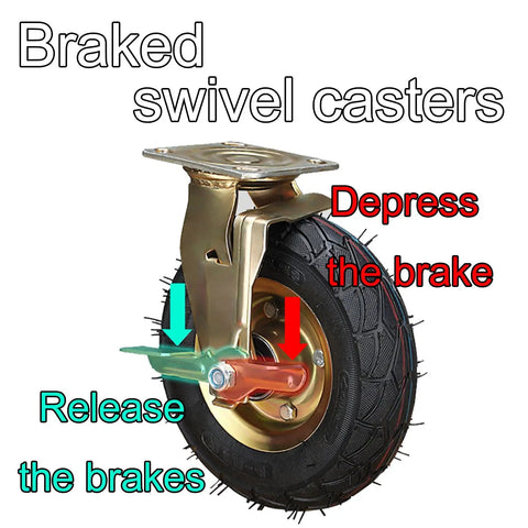 Beefy Heavy Duty Swivel Caster Wheels With Side Brake, showing brake mechanism, pneumatic tire and steel bracket for carts and dollies.