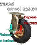 Braked swivel caster wheel showing removable brake system, featuring durable steel bracket and rubber tire for heavy-duty use.