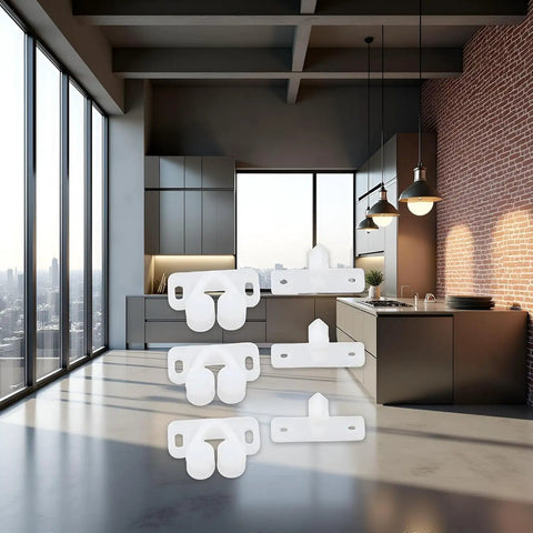 Three Piece White Ball Catch Door Latches Set For Cabinets And Cupboards Spring Loaded Roller Catches in kitchen setting
