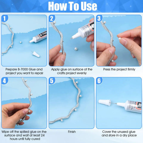 Instruction diagram showing how to use Clear Rhinestone Glue for Jewelry and Crafts on beads with a precise application.