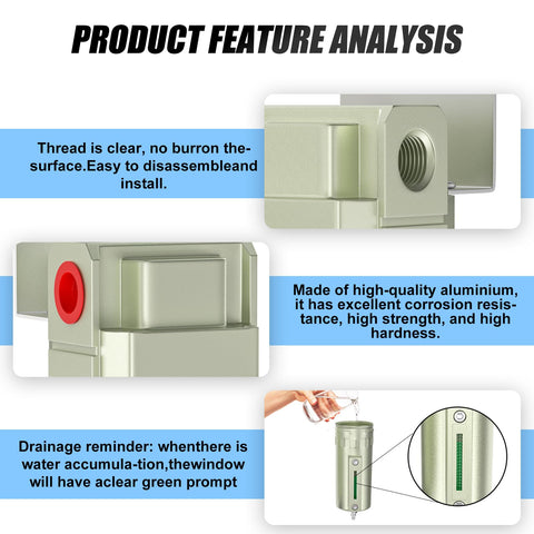 Feature analysis of Two Port One Half Inch NPT Aluminum Air Compressor Moisture Filter With Five Micron Cartridge Desiccant Dryer