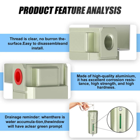 Product feature analysis of the Slick 3/4 Inch NPT Aluminum Air Compressor Moisture Filter detailing installation and drainage.