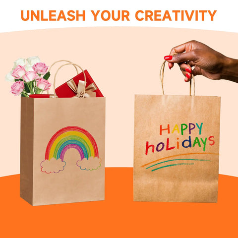 Kraft Paper Gift Bags With Handles Bulk Pack 100, 8x4.5x10.8 Inch, one with rainbow design, and 'Happy Holidays' on the other.