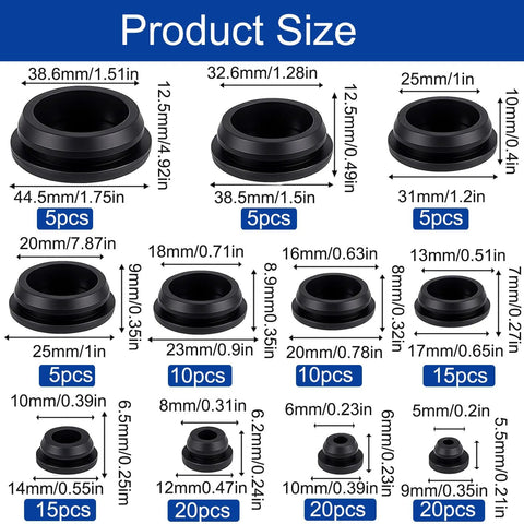 Product size guide showcasing 130 Pcs Rubber Hole Plugs Set in 11 sizes silicone round plugs for sealing holes in industrial applications.
