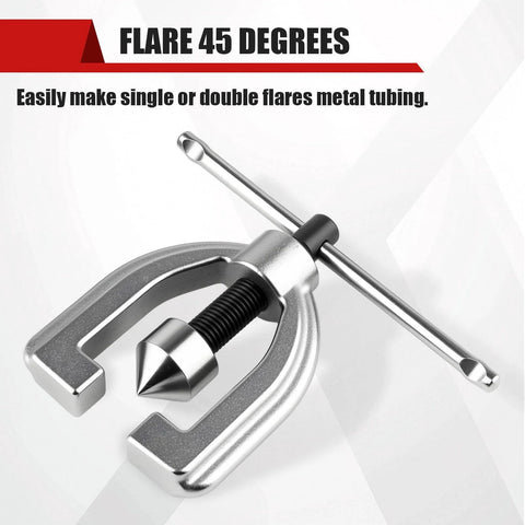Front view of brake line flaring tool, C-clamp style in silver metal with screw, for single or double flares.