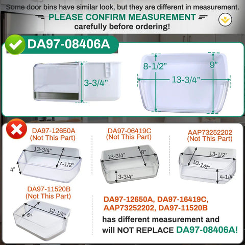 Right Side Refrigerator Door Bin Shelf Replacement for RF4287 RF4289, Compatible with DA97-08406A/B/C, size comparison chart