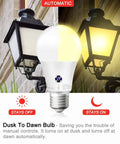 Outdoor Dusk To Dawn LED Sensor Bulbs Four Pack For Porch And Garage A19 Soft White 3000K 1200 Lumens 75W Equivalent Ten Point Five Watt E26 Base Automatic On Off Photocell No Fuss Install in porch fixture