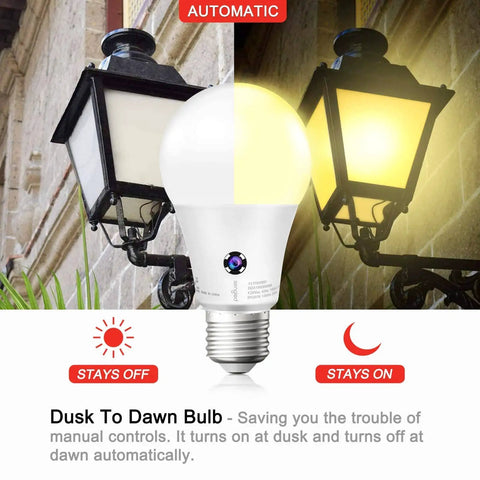 Outdoor Dusk To Dawn LED Sensor Bulbs Four Pack For Porch And Garage A19 Soft White 3000K 1200 Lumens 75W Equivalent Ten Point Five Watt E26 Base Automatic On Off Photocell No Fuss Install in porch fixture