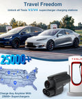 Plug And Play Electric Vehicle Charging Adapter For Tesla Supercharger To Ccs1 Connector, showing Tesla charging at supercharger stations.