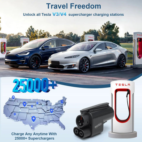 Plug And Play Electric Vehicle Charging Adapter For Tesla Supercharger To Ccs1 Connector, showing Tesla charging at supercharger stations.