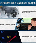 Symptoms of a bad fuel tank cap with engine light warning, man in car, and no clicking sound during Hyundai Fuel Tank Cap Gas Cap Replacement.
