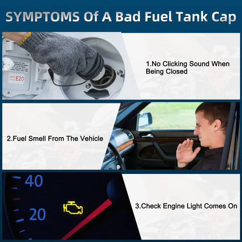 Symptoms of a bad fuel tank cap with engine light warning, man in car, and no clicking sound during Hyundai Fuel Tank Cap Gas Cap Replacement.