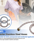 Woman loading washing machine with 4 Ft Burst Proof Stainless Steel Washing Machine Hoses, 2 Pack Hot And Cold Striped Water Supply Lines inset