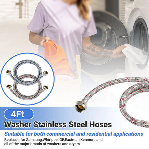 Woman loading washing machine with 4 Ft Burst Proof Stainless Steel Washing Machine Hoses, 2 Pack Hot And Cold Striped Water Supply Lines inset