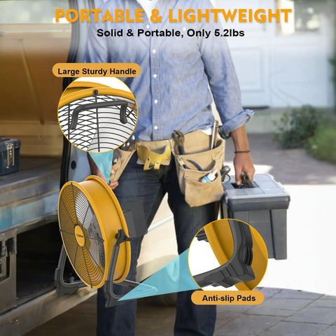Person holding 12 Inch Battery Powered Floor Fan Compatible With 20V Max Batteries Portable Metal High Velocity Cordless Fan