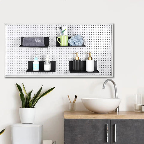 Six Pack Magnetic Pegboard Shelves With Lip Edge for garage and workshop shown in bathroom holding toiletries.