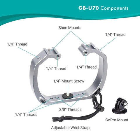 Underwater GoPro Rig with cold shoe mounts and wrist strap, aluminum tray with various thread sizes and GoPro mount, HERO3 to HERO8 compatibility.