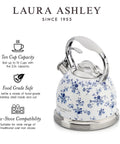 Laura Ashley stovetop kettle with whistle in blue floral design, 2.5L stainless steel, silicone cool handle, compatible with gas or induction hob.