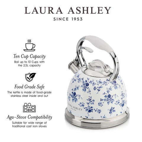 Laura Ashley stovetop kettle with whistle in blue floral design, 2.5L stainless steel, silicone cool handle, compatible with gas or induction hob.