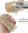Natural Jute Twine 984 Ft Three Roll Pack with caliper measuring 1.5 mm diameter and hand holding roll, hemp string for crafts