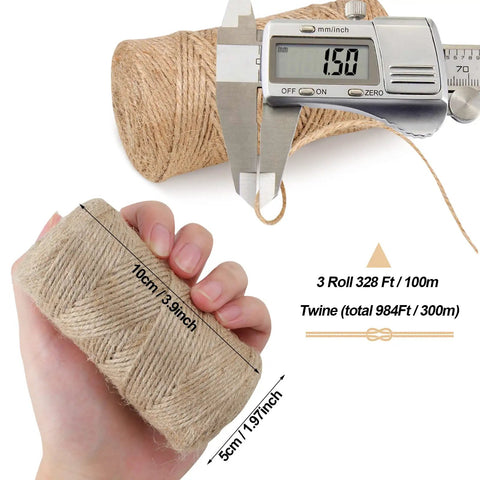 Natural Jute Twine 984 Ft Three Roll Pack with caliper measuring 1.5 mm diameter and hand holding roll, hemp string for crafts