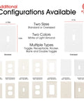 Various white and light almond wall plate configurations in standard and oversized, showcasing toggle, receptacle, and more.