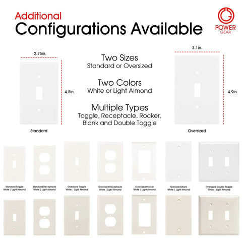 Various white and light almond wall plate configurations in standard and oversized, showcasing toggle, receptacle, and more.