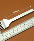 Pricking Irons Set For Leather Craft, Diamond Stitching Chisel Kit with 6 point teeth displayed with ruler on brown leather