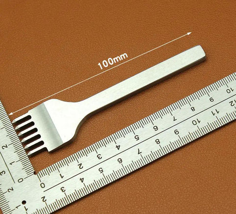 Pricking Irons Set For Leather Craft, Diamond Stitching Chisel Kit with 6 point teeth displayed with ruler on brown leather