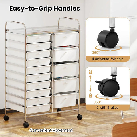 Grab-And-Go 15-Drawer Rolling Utility Cart With Lockable Wheels, Metal Frame Mobile Storage Trolley with removable drawers, side view