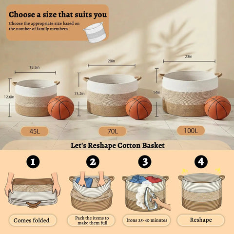 70L Cotton Rope Basket For Living Room And Nursery, Boho Woven Toy Box size comparison with 45L and 100L baskets on floor