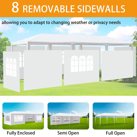 10x30 Ft Party Tent Heavy Duty Outdoor Canopy With 8 Removable Sidewalls showcasing various setup options.