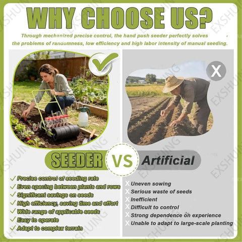 Comparison of a woman using a seeder and a person sowing manually, highlighting advantages of Two Row Corn Planter And Garden Seeder For Home Gardens.