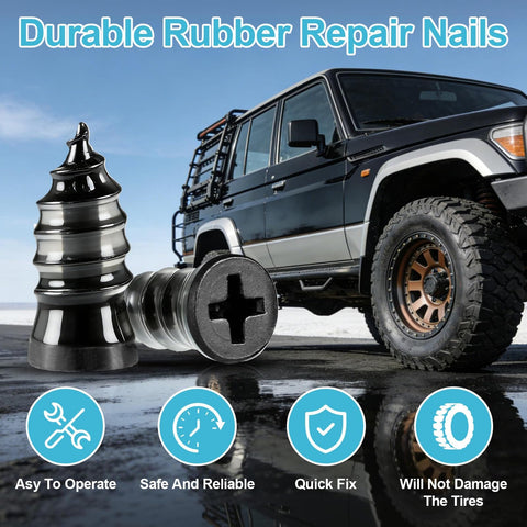 Emergency Tire Plug Kit With 60 Pieces Quick Screw Type Plugs For Car Motorcycle Truck Tractor SUV Roadside Repair No Jack Or Wrench Needed Ultra Seal Fast Flat Tire Fix with durable rubber repair nails against a SUV backdrop