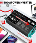 Top Shelf 500W Power Inverter Pushes 1000W Peak Surge While Converting 12V DC Into 110V AC For Your Rig showcasing 2 AC outlets, USB ports, and LCD indicators.