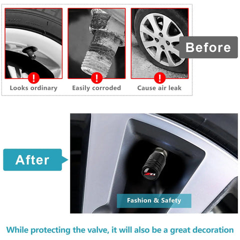 Comparison image showing before and after using Chevy Tire Valve Stem Caps 4 Pack Black Aluminum Alloy Metal Wheel Caps For Z71 Silverado Colorado Auto Valve Stem Covers Protectors Heavy Duty Build To Lock Down Leaks And Corrosion, highlighting protection and style.