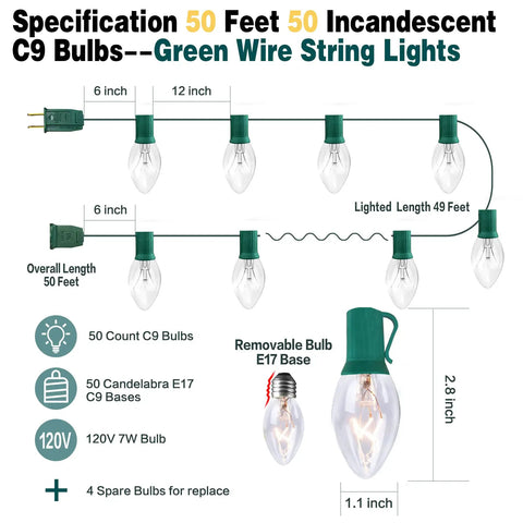 Clear C9 Christmas String Lights 50Ft on Green Wire with 54 Bulbs; diagram showing specifications and bulb details.