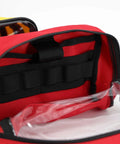 Red Lightning X first aid kit pouch with transparent window and black elastic interior, front view