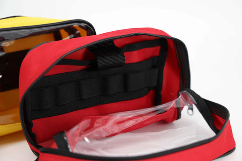 Red Lightning X first aid kit pouch with transparent window and black elastic interior, front view