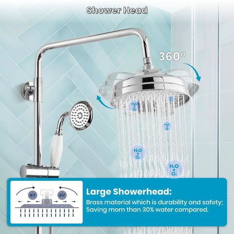 Dope Exposed Shower Faucet Set With 8 Inch Wall Mount Rainfall Head, Handheld Spray in polished chrome, bathroom view