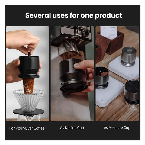 Three Piece Sleek Espresso Powder Receiver Cup And Dosing Funnel Fits 51 54 58Mm Portafilters used for coffee brewing and measuring.